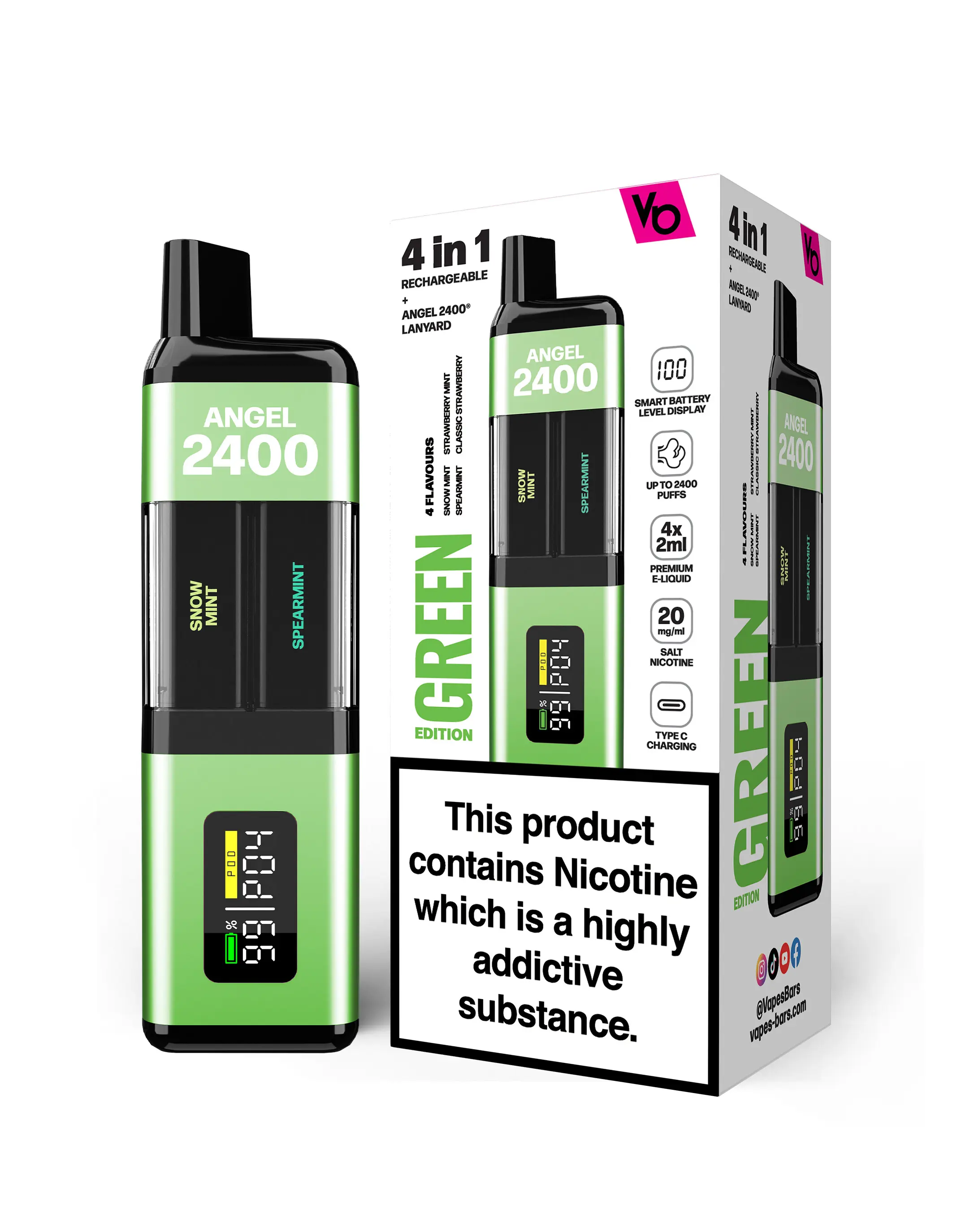 Green Edition Angel 2400 Rechargeable Disposable Vape by Vapes Bars 20mg